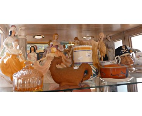 Early Poole Pottery vase, Royal Doulton Long John Silver character jug, Sylvac vase, five various figures, Staffordshire grou