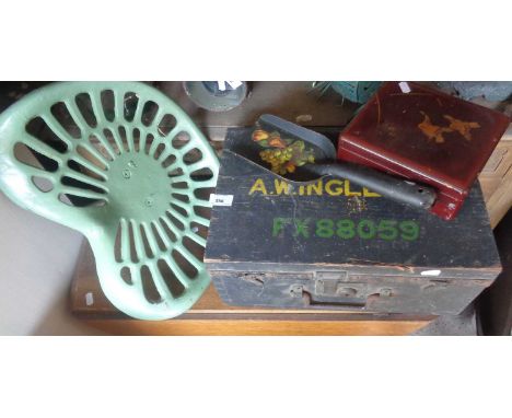 Cast iron 'tractor' seat, military wood box, barge art shovel and a lacquer box
