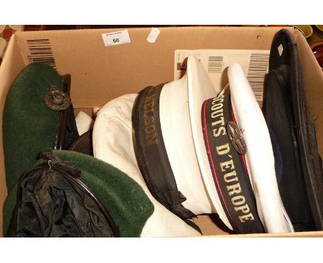 Two vintage sailor's hats, two army berets (green) and a pop-up top hat