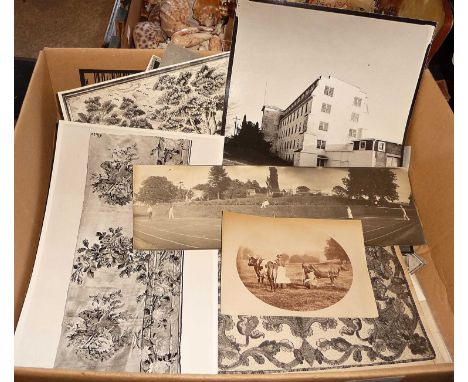 Vintage black and white photos of antiques, fabric, tapestries, etc., some press photos