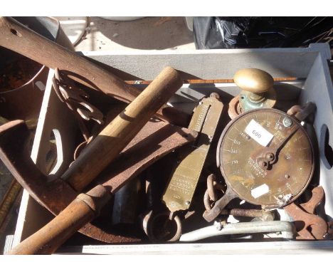 Assorted tools and spring balances