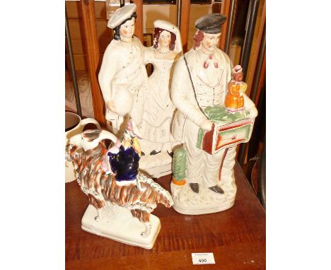 Staffordshire organ grinder and monkey (A/F) with two other figural flatbacks