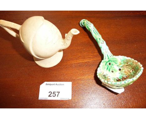 George Jones Majolica strawberry serving spoon and a bisque teapot model