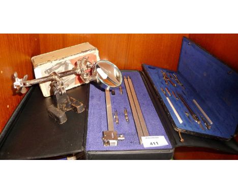 Vintage cased Harling compass, cased set of draughtsman's tools by Meritor, Prilect travelling iron (boxed), etc.