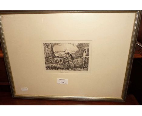 Robin Tanner (1904 - 1988) etching of the Wiltshire Hedger (1928), 12cm x 17cm, signed in pencil. Frame size 32cm x 43cm (198