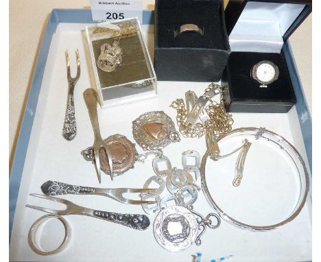 Silver jewellery including fob medals, Bucherer 800, silver watch ring, bracelet, hors d'oeuvres forks (set 4), gold plated b