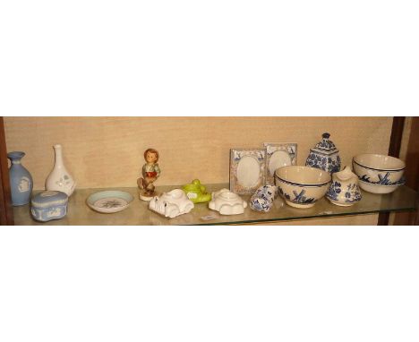 Assorted china including Honiton Novelty egg cups, Hummel figure of a boy and others