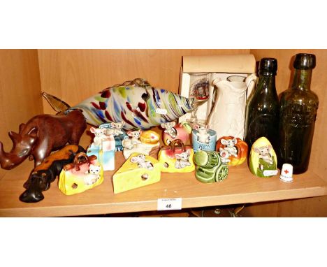 Murano-type glass fish, collection of china novelty mouse figurines, two old Weymouth Soda Water Co.Ltd green glass bottles, 