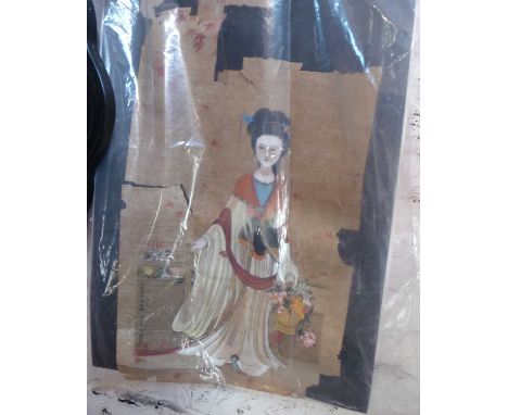 Early Chinese painting on rice paper of a woman with flower basket, signed, (A/F - very fragile)