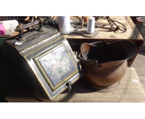 Victorian toleware coal box and a copper coal helmet