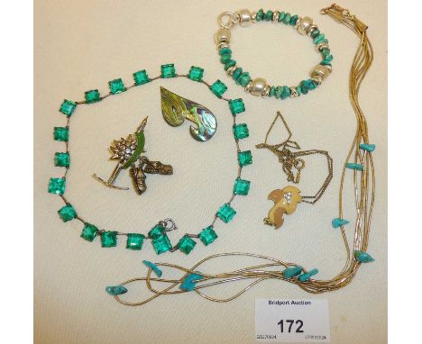 Vintage riviere necklace, silver and turquoise nugget bracelet with other jewellery 