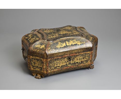 AN EARLY 19TH CENTURY CHINESE EXPORT BLACK AND GILT LACQUER BOX. Of shaped rectangular form, decorated in gilding and red lac