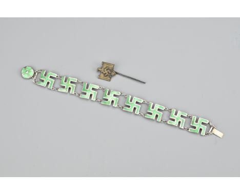 EARLY 20TH CENTURY STICK PIN AND BRACELET TO INCLUDE, Ladies die struck and hand assembled antique bracelet with green enamel