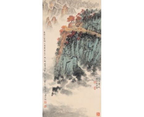 CHINESE INK AND COLOUR ON PAPER, AFTER QIAN SONGYAN (1899-1985). Bus and figures in landscape scene with calligraphy dated 19