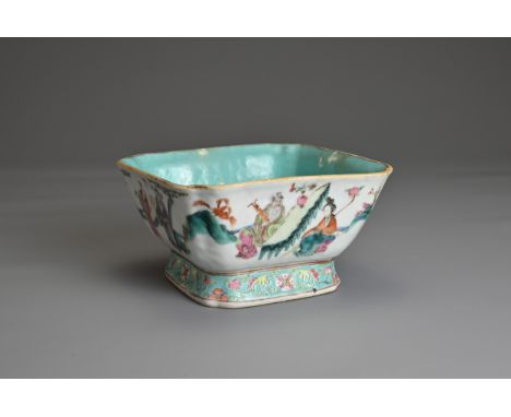 A CHINESE FAMILLE ROSE PORCELAIN BOWL, TONGZHI, 19TH CENTURY. Square lobed form decorated with the eight Immortals in a lands