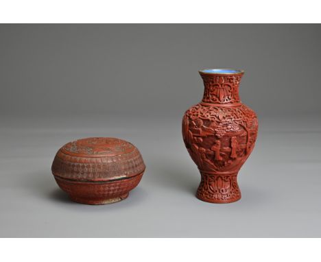 TWO CHINESE CINNABAR LACQUER ITEMS, 19/20TH CENTURY. To include a circular box and cover decorated with boy a boy pouring tea