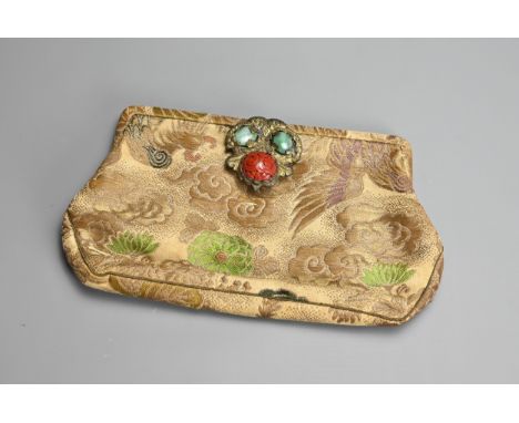 AN ART DECO CHINESE BROCADE SILK, GILT-METAL, JADE AND LACQUER MOUNTED EVENING BAG. With maker's label for D. Balazs, San Fra