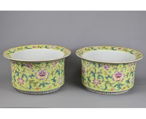 A LARGE PAIR OF CHINESE LIME GREEN GROUND FAMILLE ROSE PORCELAIN JARDINIERES. Of cylindrical form with everted rims decorated