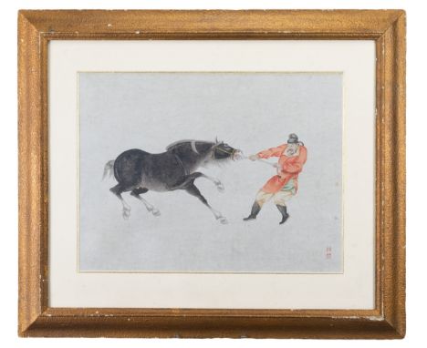 A 20TH CENTURY CHINESE PAINTING OF MAN LEADING A HORSE IN THE MANNER OF GIUSEPPE CASTIGLIONE. Watercolour and ink on paper, t