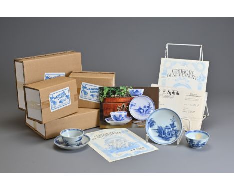 CHINESE BLUE AND WHITE NANKING CARGO PORCELAIN CUPS AND SAUCERS, 18TH CENTURY. A set of four decorated with pagodas in coasta