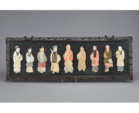 A 20TH CENTURY CHINESE FRAMED SILK APPLIQUE OF NINE FIGURES. Each silk and hair mounted applique figure with painted face, mo
