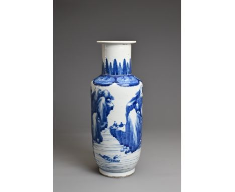 A CHINESE BLUE AND WHITE PORCELAIN ROULEAU VASE, YUTANG JIAQI MARK, QING DYNASTY. Decorated with figures in a landscape scene