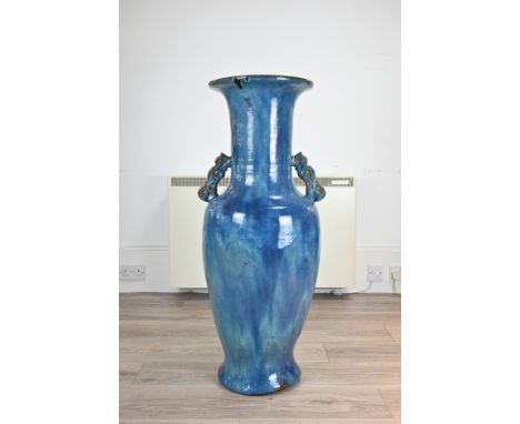 AN EXTREMELY LARGE CHINESE SHIWAN POTTERY VASE, 20TH CENTURY. Of baluster form with scroll handles at the shoulder, covered i