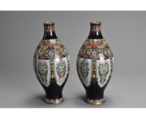 A PAIR OF JAPANESE LATE MEIJI PERIOD (1868-1912) CLOISONNE ENAMEL TAPERING OVIFORM VASES. With lappet-shaped panels of foliag