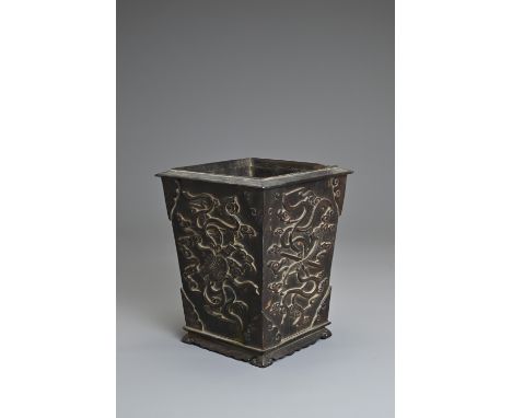 A CHINESE HARDWOOD POT, QING DYNASTY. Of square tapering form carved in relief with ribboned items with cloud scrolls on a ca