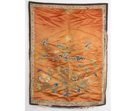 A CHINESE SILK EMBROIDERED PANEL, 19TH CENTURY, QING DYNASTY. Orange ground featuring birds, bats and butterflies surrounding
