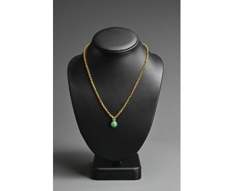 A 24 KARAT GOLD CHAIN WITH JADE PENDANT, 23 GRAMS GOLD. Yellow gold chain stamped 999 to the 'M' clasp with a carved jade bal
