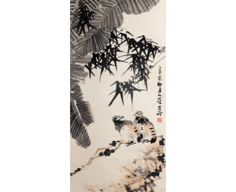 A CHINESE INK AND COLOUR ON PAPER, AFTER LI KUCHAN (1899-1983). Featuring two eagles in landscape scene with calligraphy date