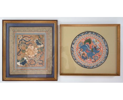 TWO LATE 19TH/EARLY 20TH CENTURY CHINESE EMBROIDERED SILK PANELS. The first  of rectangular form, with flowering peony flanke