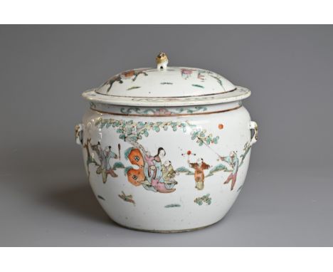 A CHINESE FAMILLE ROSE TUREEN AND COVER, TONGZHI, 19TH CENTURY. With four looped handles and a lion dog finial to the cover d