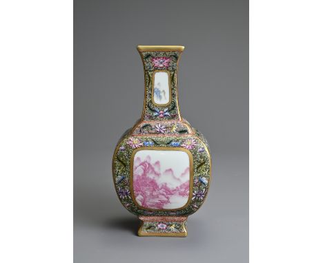 A CHINESE FALANGCAI TYPE PORCELAIN VASE, YONGZHENG MARK. Of squared baluster form decorated with polychrome enamels, each sid