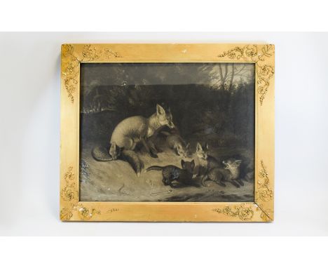 Antique Framed Print Large gilt framed print depicting a naively painted vixen and cubs nestled in dark woodland. Yellow gilt