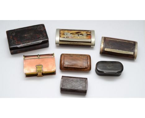 A collection of late 19th century and later snuff boxes, to include a brass and copper example in the form of a book,  an ova