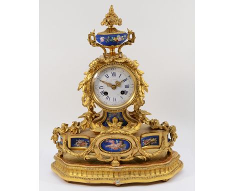 A French ormolu mounted Sèvres mantel clock, late 19th Century, of Louis XVI style, having 8 day striking movement by Japy Fr