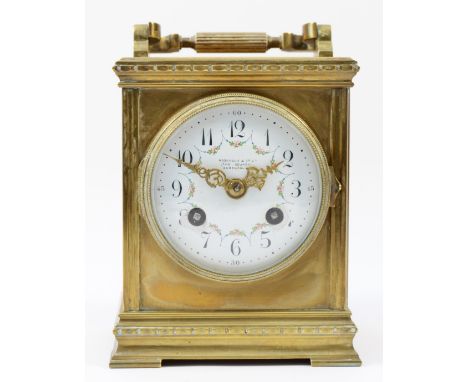 An early 20th century French brass case carriage/mantel clock, of square form having painted porcelain dial with Arabic numer