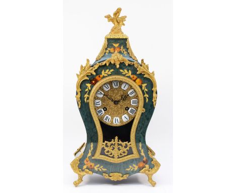 A 20th century eight day Boulle mantel clock, the painted and ebonised case with simulated floral inlay and gilt brass mounts