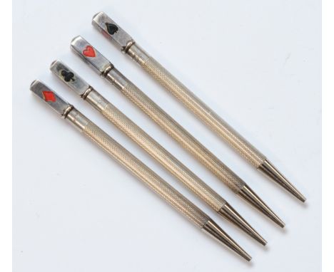 A Sterling Silver and enamel set of four playing card propelling pencils, 9cm, 24gm 