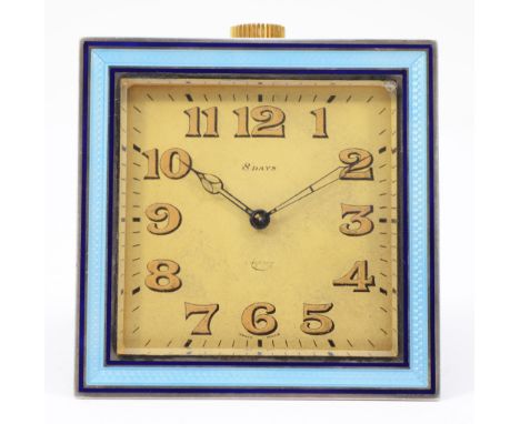 Asprey of London; Art Deco 8-day gilt-metal travelling clock, of square form having gilded dial with Arabic numerals and fram