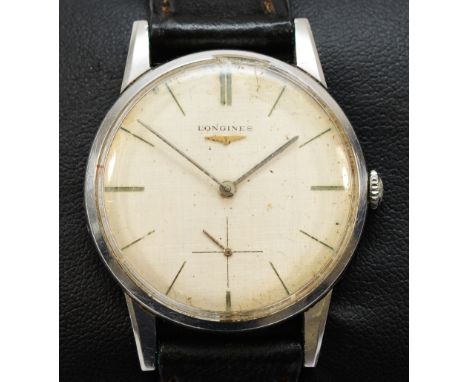 Longines, a stainless steel manual wind gentleman's wristwatch, c. 1960's, ref 8888 31, the silvered dial with Arabic and bat