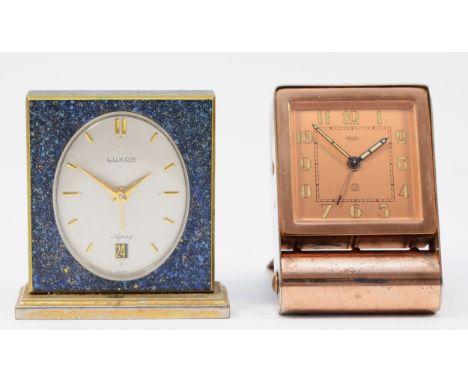 A 1920s Art Deco Jaeger traveling alarm clock, plated copper folding case, the dial stamped Jaeger Fab Suisse, 8x5.5cm, toget