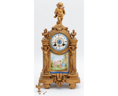 A French gilt ormolu mantel clock, late 19th Century, surmounted with cherub, over two figural columns flanking a floral deco