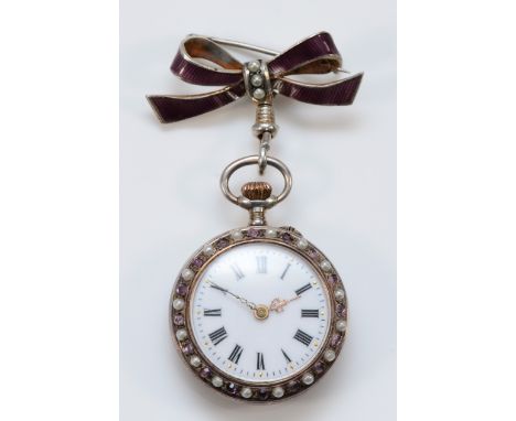 An Edwardian silver purple paste and imitation half pearl bow fob watch, London import 1908, white dial with Roman numerals, 