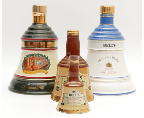 Four Bells Wade porcelain Scotch whisky bells, to include a Queen Mother 90th Birthday version, a Christmas 1991 70cl version