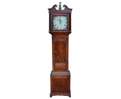 A 19th century mahogany cased 30 hour longcase clock, with broken swan neck pediment and central urn finial, the arch painted