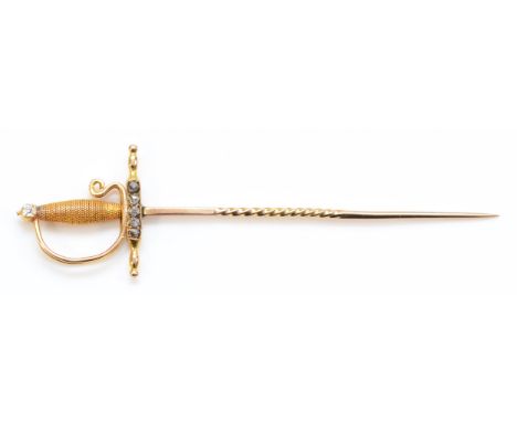 A 19th century Continental unmarked gold and diamond sword stick pin, set with rose cut diamonds, 77mm, 3.3gm 