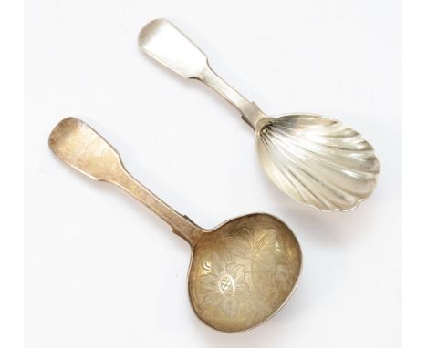 A Victorian silver fiddle pattern caddy spoon, London 1849 with floral engraved bowl and a Victorian silver fiddle pattern ca